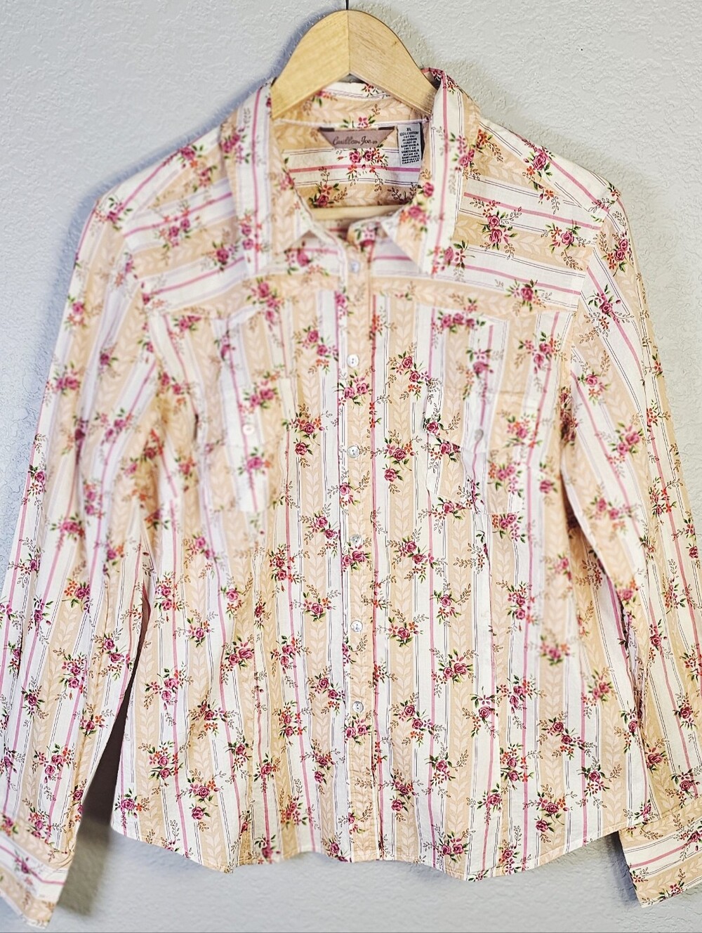 Caribbean Joe XL Rose Floral Stripe Cotton Button Down Shirt Cottagecore